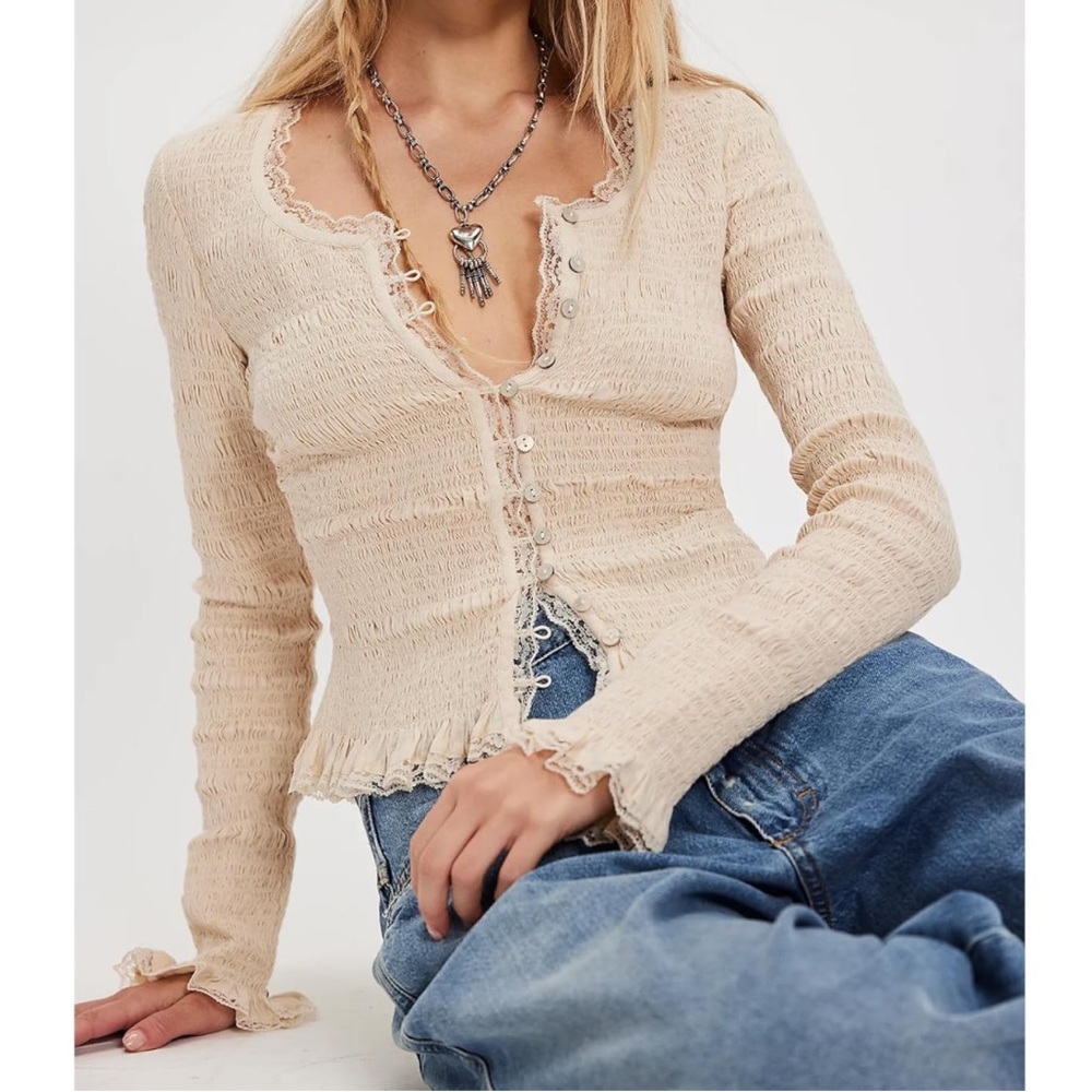 Boho Lace Trim Button Front Top Cream Fitted Romantic Cottagecore Soft Girl Y2K